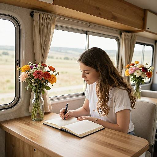 Photograph of a young woman with long brown hair, wearing a white shirt, writing in a notebook inside a wooden train compartment with flower vases and