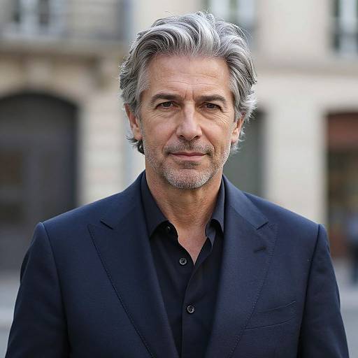 Photograph of mature, handsome man with silver hair, gray beard, wearing black suit and shirt, standing outdoors in front of blurred building.