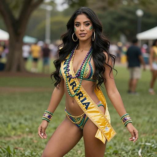 Photograph of a confident, dark-haired woman in a colorful beaded bikini and yellow sash, standing outdoors in a grassy park.