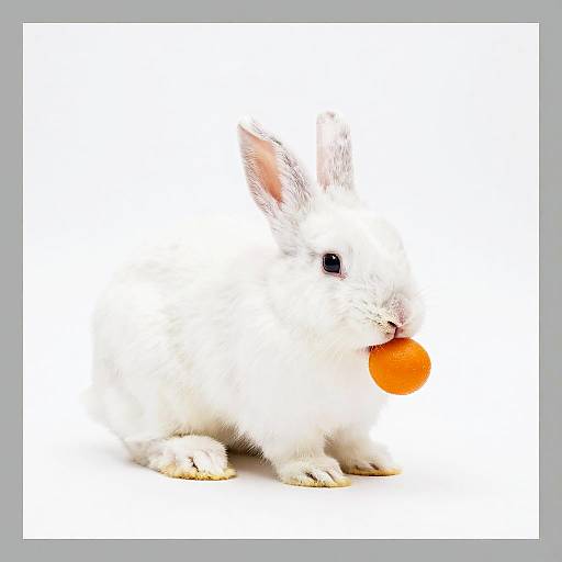 Photograph of a white rabbit with fluffy fur, small black eyes, and pink inner ears, holding an orange carrot in its mouth, against a plain