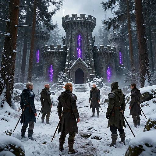 Digital fantasy artwork of six armored warriors in snow, facing a glowing purple-lit, medieval castle with tall trees in the background.