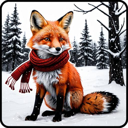 Cartoon Red Fox with Scarf in Snowy Forest Cartoon Red Fox with Scarf in Snowy Forest