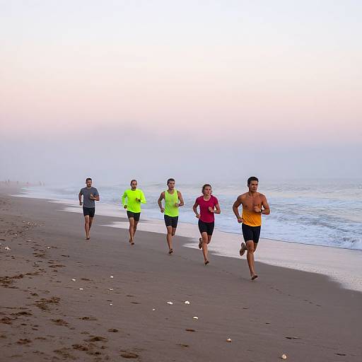 Photograph of five people jogging on a foggy, empty beach at sunrise, wearing bright neon and orange athletic clothing.