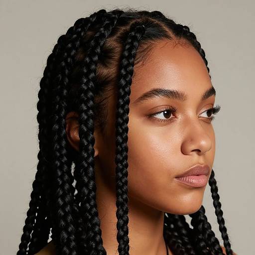 Photograph of a young Black woman with dark skin, long thick black braids, brown eyes, full lips, and a neutral expression, against a