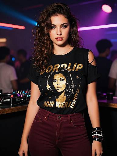 Photograph of a curly-haired woman with olive skin wearing a black 