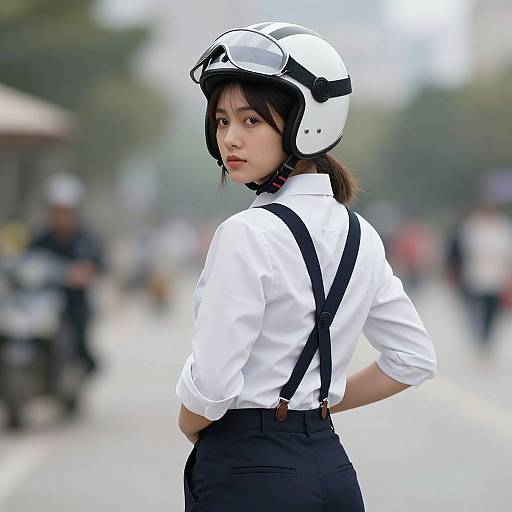 Photograph of an Asian woman in a white shirt, black pants, and white helmet, standing on a blurred urban street. She looks over her shoulder