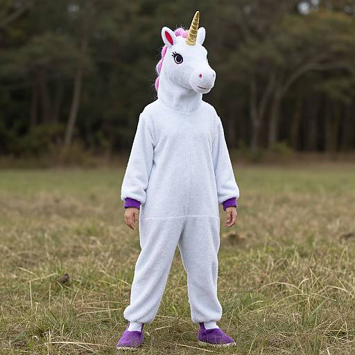 Photograph of a child in a white unicorn onesie with purple cuffs and shoes, standing in a grassy field, wearing a white and pink unicorn