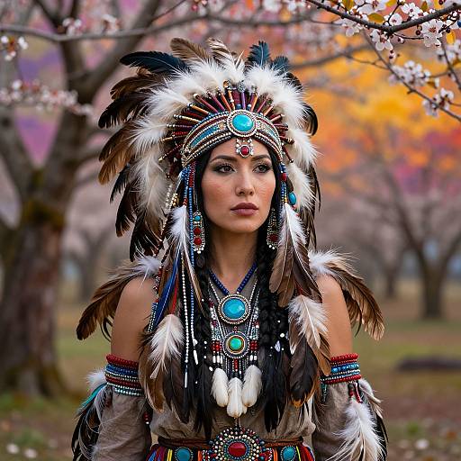 Photograph of a Native American woman in elaborate headdress with feathers, turquoise jewelry, and traditional attire, standing amidst blooming cherry blossoms. Autumn