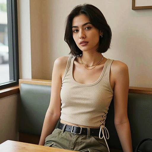 Photograph of an attractive young woman with short black hair, wearing a beige tank top, green pants, and gold necklaces, sitting in a dim
