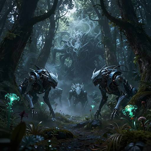 Digital fantasy artwork of three dark, bioluminescent, alien creatures with spiked exoskeletons in a misty, dense forest, illuminated by