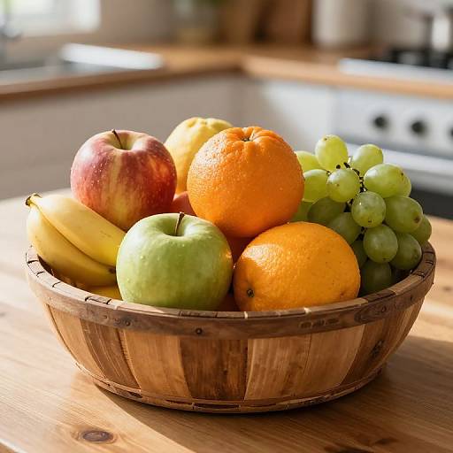 Photograph of a wooden bowl on a kitchen counter, filled with a red apple, green apple, bananas, two oranges, and green grapes, bath