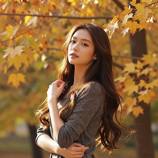 Photograph of a young woman with long, wavy brown hair, wearing a gray long-sleeve shirt, standing among autumn leaves, sunlight filtering