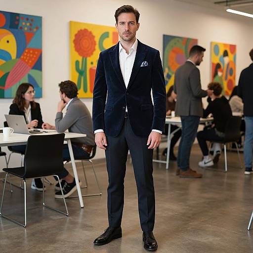 Confident Man in Navy Velvet Blazer at Co-Working Space