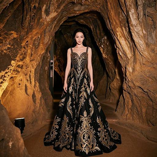 Photograph of a woman in an ornate black gown with gold floral patterns, standing in a dimly lit, rocky cave.