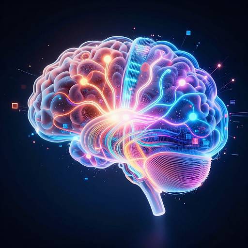 Digital CGI of a glowing, neon-lit human brain with vibrant blue, pink, and orange lines intersecting, set against a dark, starry