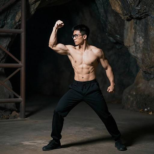 Shirtless Asian Fighter in Rugged Cave