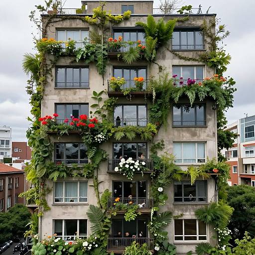 Photograph of a tall, gray, multi-story building covered in lush green vines and colorful flowers on black balconies, set against a cloudy sky and