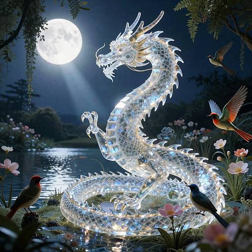 Crystal Dragon Over Moonlit Floral Pond