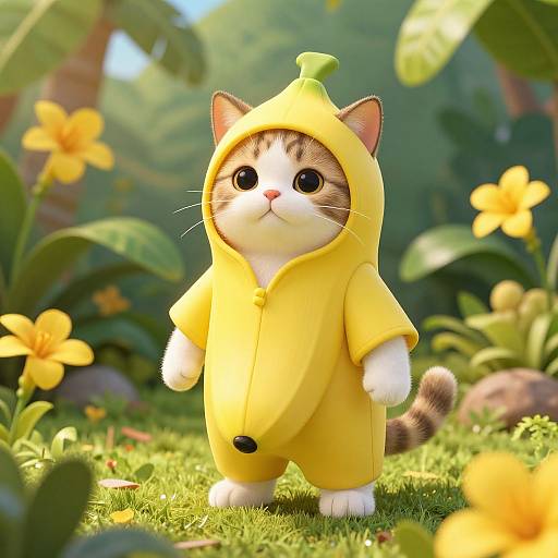 Cute CGI cat in yellow chick onesie with green egg on hat, standing on grass in sunny forest with yellow flowers.