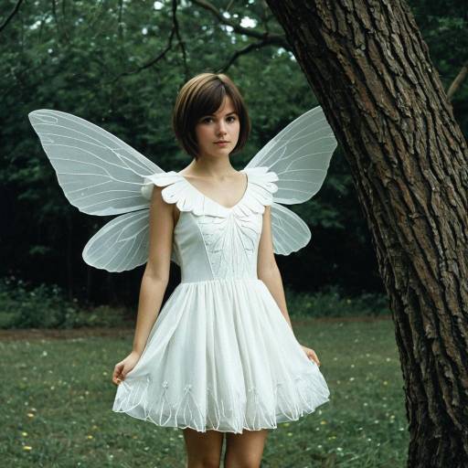 Young Woman in White Fairy Dress with Wings Outdoors