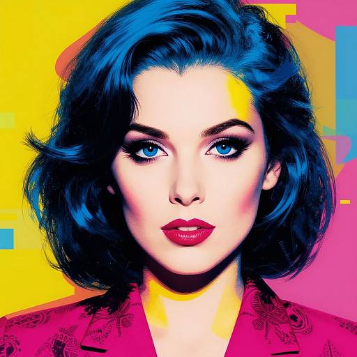 Digital pop art portrait of a woman with blue wavy hair, bright red lipstick, blue eyes, and a pink floral blouse, set against a yellow