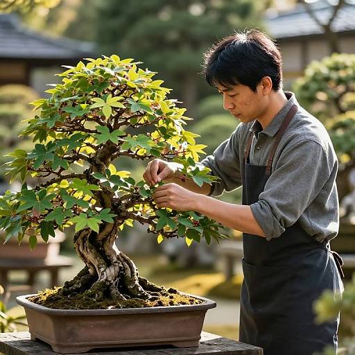 Photograph of an Asian man with short black hair, wearing a gray shirt and black apron, carefully pruning a lush green bonsai tree in a