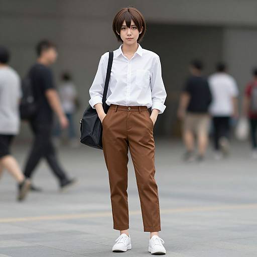 Photorealistic CGI of an androgynous young person with short brown hair, wearing a white shirt, brown pants, white shoes, and a