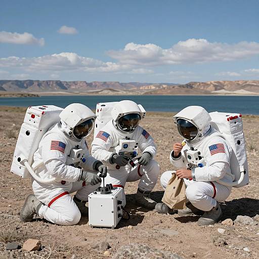 Astronauts Conducting Research by Desert Lake
