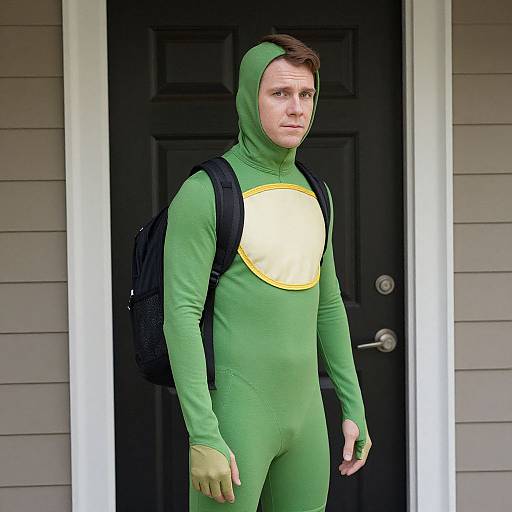 Photograph of a man in a green superhero costume with a yellow sun emblem, brown hair, black backpack, standing in front of a black door and