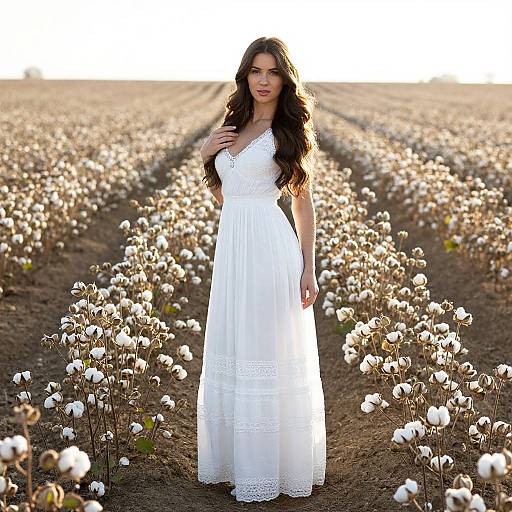 Photograph of a long-haired woman in a white, lace-trimmed dress standing in a sunlit cotton field with rows of cotton plants.