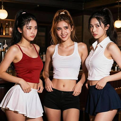 Photograph of three Asian women with long hair in ponytails, standing in a dimly lit bar. They wear sleeveless tops and short skirts;