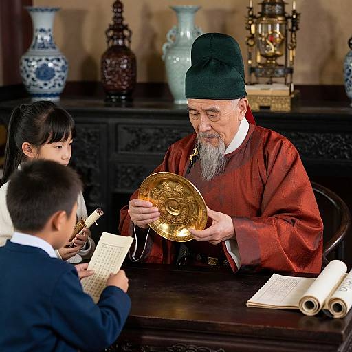 Photograph of an elderly Catholic priest with a black skullcap, red vestments, holding a golden paten, leading two young boys in a formal