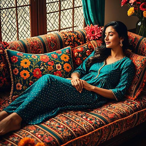 Elegant Woman Relaxing on Floral Sofa