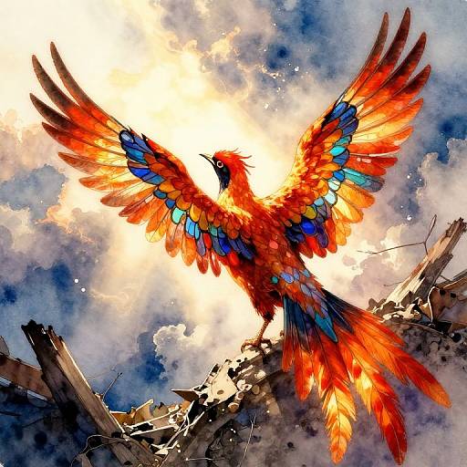 Vibrant digital painting of a fiery red and blue-feathered phoenix with outstretched wings soaring above a crumbling wooden structure against a bright,