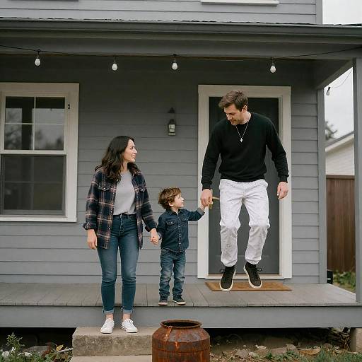 Family of Three on Gray House Porch