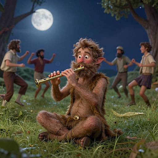 CGI image of a furry, wide-eyed, brown monkey-like creature playing a golden flute under a full moon in a grassy forest, surrounded by