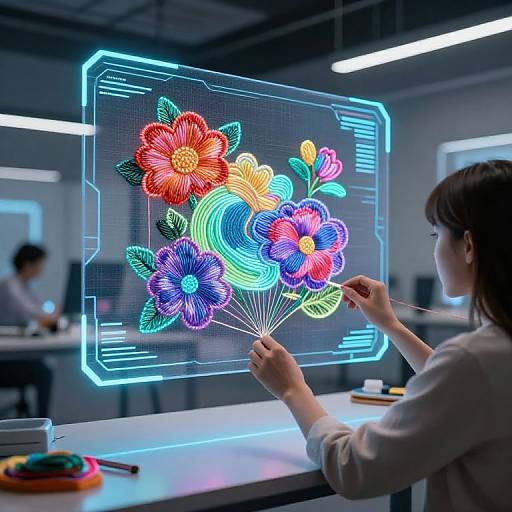 Photograph of a woman in a modern workshop creating a glowing, neon-colored floral design on a digital screen with thin wires.