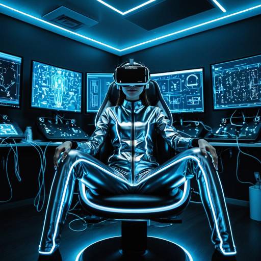 Woman in Metallic Jumpsuit with VR Headset in Futuristic Room