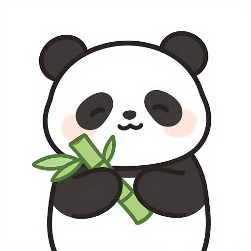 Cute digital cartoon of a panda with black ears, round black eyes, and a small smile, holding green bamboo leaves. White background.