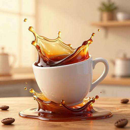 Photograph of a white cup splashing dark brown coffee, creating an elegant water-like splash, with scattered coffee beans on a wooden table in a sun