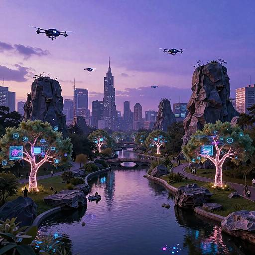 Digital artwork of a futuristic cityscape at dusk, featuring flying drones, illuminated trees, a serene river, and towering rock formations. Neon lights and holog