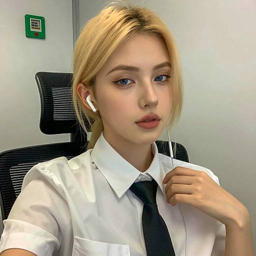 Blonde Woman in Office Setting with Earbuds