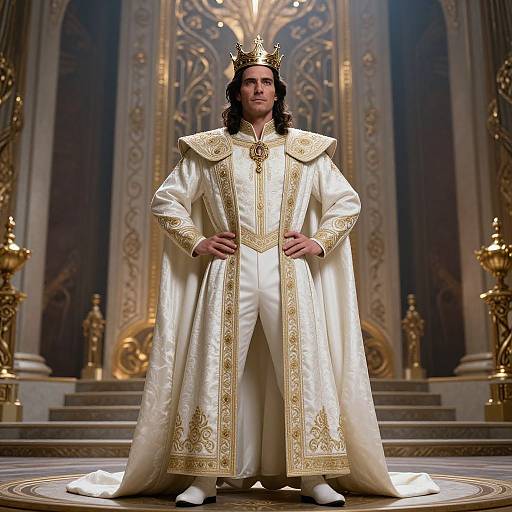 Photograph of a man with long black hair, wearing a golden crown and ornate white and gold royal robe, standing confidently in an opulent throne