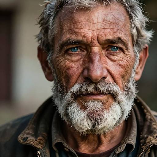 Close-up photograph of an aged, white-haired, bearded man with deep wrinkles, blue eyes, and a serious expression, wearing a brown jacket.