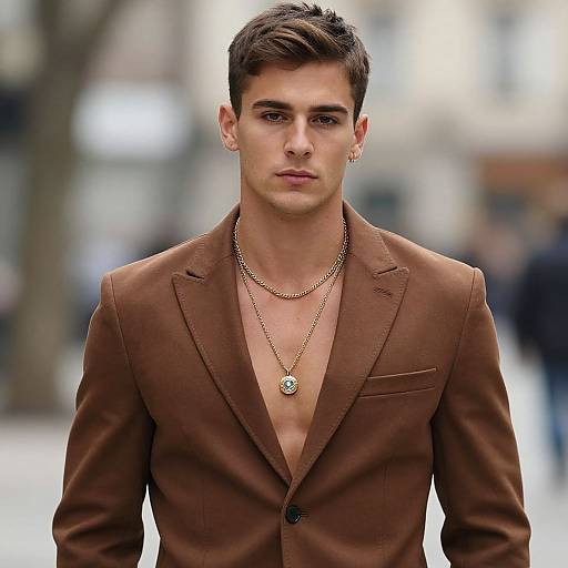 Photograph of a young, handsome man with short brown hair, wearing an unbuttoned brown suit jacket, gold chain necklaces, and no shirt