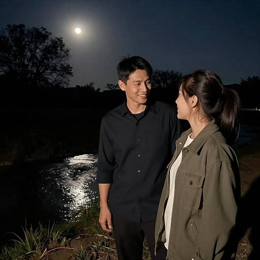 Moonlit Couple on Grassy Stream Bank