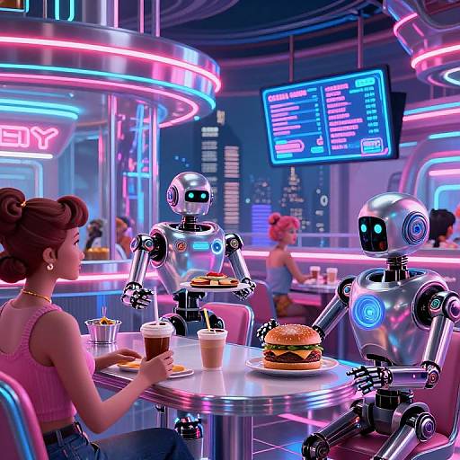 Neon-lit retro diner scene: brunette woman in pink dress eats with two glowing robots, burgers, and coffee; menu screens in background.