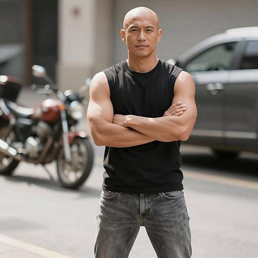 Confident Bald Muscular Man Outdoor Portrait