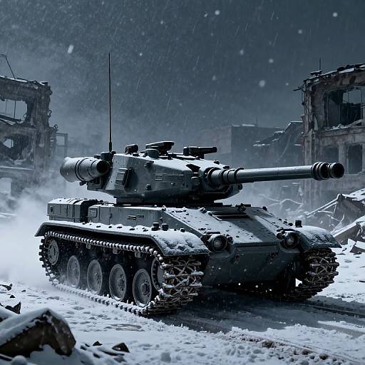 Digital artwork of a snow-covered tank with a long barrel, driving through a ruined, snowing cityscape with destroyed buildings in the background. Cold,