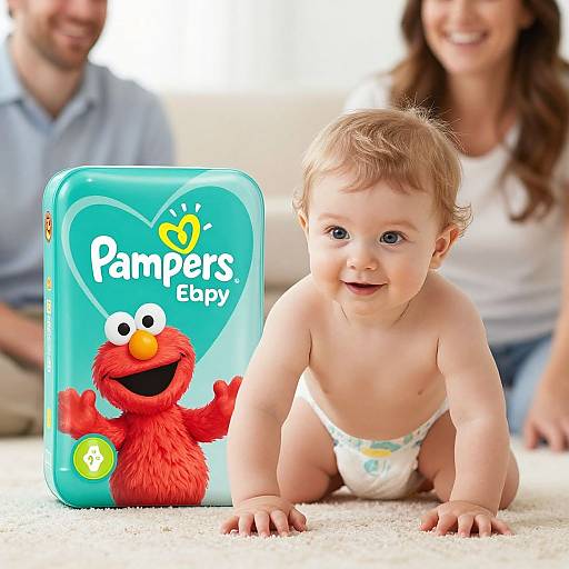 Photograph of a smiling, crawling, diapered baby with light brown hair, in front of a 